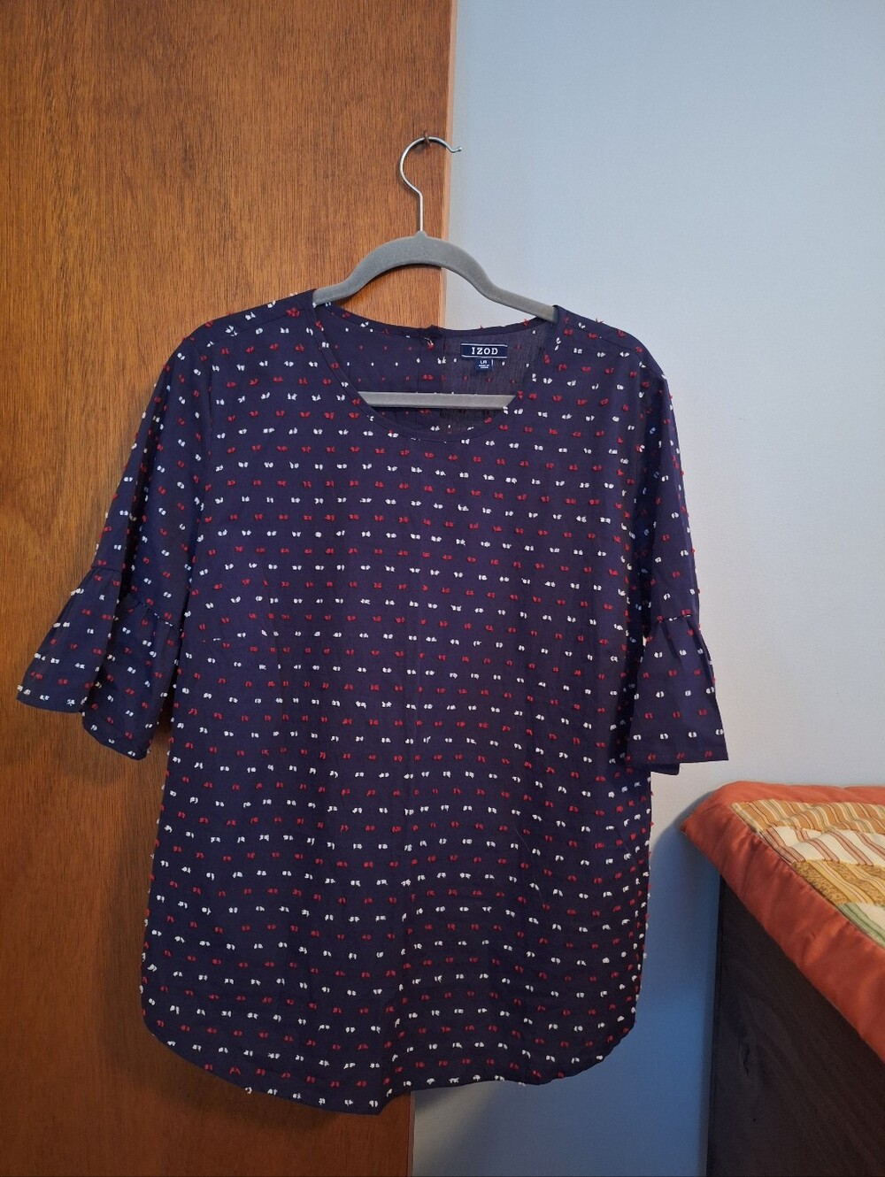Izod  NWOT Navy Top W/ Red/ White Dot Print Back Button Down Bell Sleeves Size L